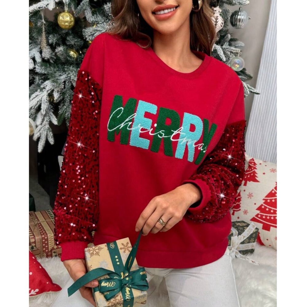 Merry Christmas Embroidered Sequin Sleeve Round Neck Sweater - Picture 3 of 8
